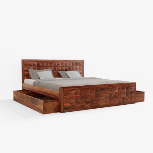 Image of Wooden King Size Bed for Bedroom | Solid Wood Double Bed Cot Bed with 2 Drawer Side Storage | Sheesham Wood, Honey Finish