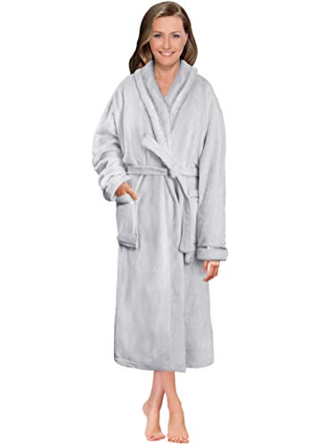 Women Fleece Robe with Satin Trim|Luxurious Soft Plush Bathrobe,Light Grey,S/M