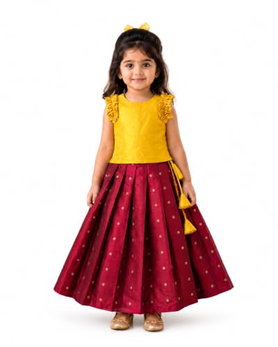 Image of Stanwells Kids Maroon & Yellow Combo Baby Girls Silk Lehenga Choli | Traditional Party Perfect & Festive Dress | Ethnic Outfit for Your Little Princess (6 Months-7 Years)