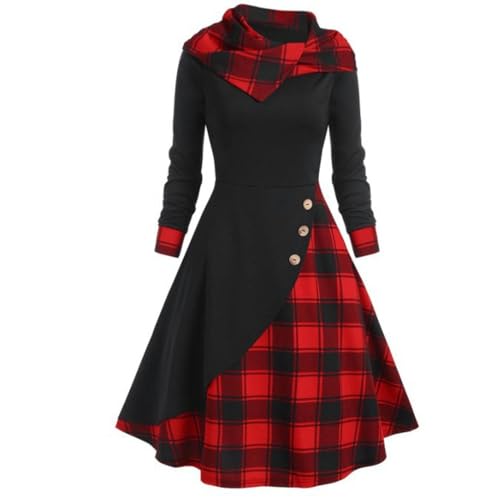 Herbstliches neues Kariertes, gespleißtes, hochgeschlossenes Kleid mit Kapuze – Schwarz mit rotem Karo – S