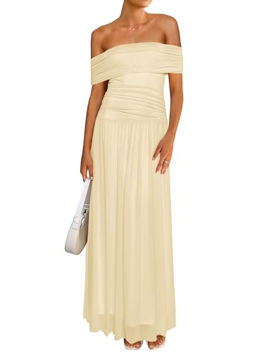 Image of MASCOMODA Women Off The Shoulder Mesh Maxi Dress Bodycon Ruched Formal Sleeveless Pleated Cocktail Wedding Guest Long Dresses