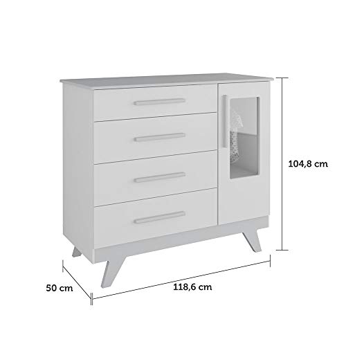 Quarto Infantil Retrô com Cômoda e Berço com Capitonê Móveis Peroba Branco/Cinza