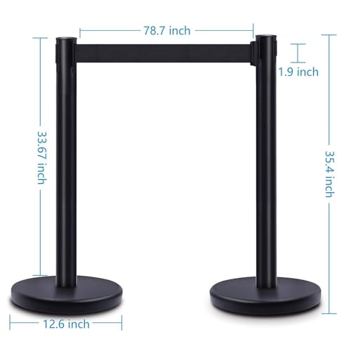 Image of DuraSteel Black Crowd Control Barriers Stanchions with Retractable Belts - Metal Stanchion Posts w / 6.5ft Black Retractable Barrier Belt Ropes - Queue VIP Safety Line Dividers - Set of 6 Stantions