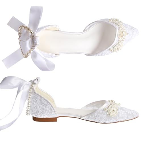 Women's Pearl Ivory Flat Wedding Shoes for Bride Lace Rhinestones Pointed Toe Comfortable Bridal Dress Shoes3