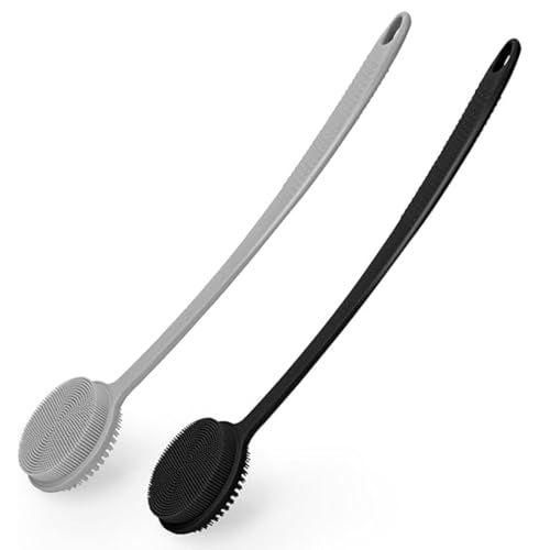 Image of Silicone Bath Brush with Long Handle - Soft Bristles Back Scrubber for Shower | Body Massage - Exfoliating Dirt Removal Brush for Men | Women (LONG BRUSH 2 SET)