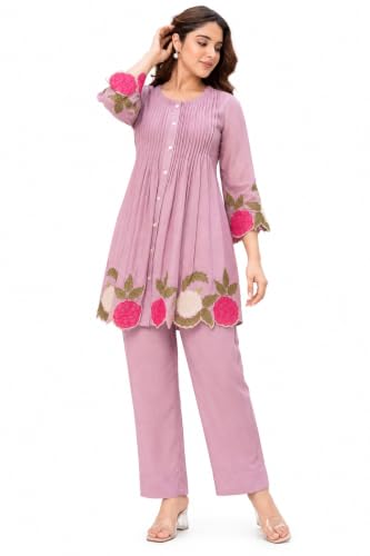 Women's Pintuck Floral Embroidered Co-ord Set – Scalloped Hem Top...