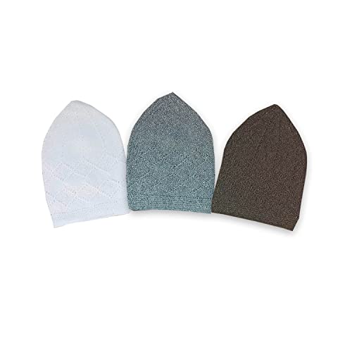 Eid Islamic Knitted Kufi Topi Prayer Hat Crochet Cap Taqiyah Takke Skull Beanie for Muslims, Paryers and Islamic (Snow White-Seaweed Green-Gray)