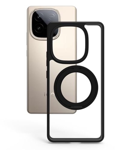 Image of RIGGEAR Shockproof Sleek Hybrid Armor 360 Rotating Magnetic Ring Stand Back Cover Case Compatible with MagSafe Accessories for iQOO Neo 10 5G (f PC and Black TPU Bumper)