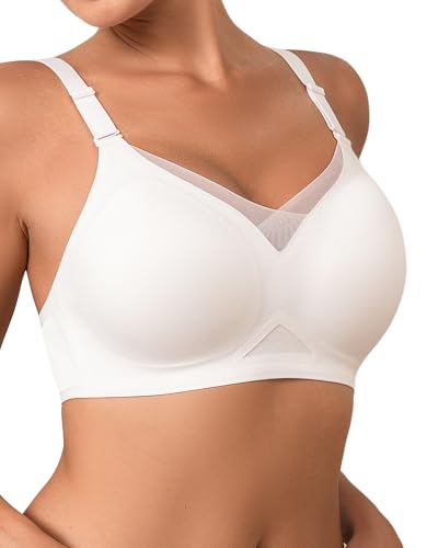 SHARICCA Damen BH ohne Bügel Push-Up Spitzen-BH Nahtloser T-Shirt BH mit Vollbügel Weicher Wireless Bralette Atmungsaktiv für Alltag Schlaf,Weiß,XXL