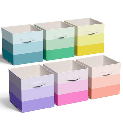 CroBlissful 6 Pcs Fabric Storage Cubes Bins with Metal Handle 11 Inch Macaron Colored Striped Style Collapsible Bins Cube Storage Organizer for Clothes Books Kids Room Closet and Toys
