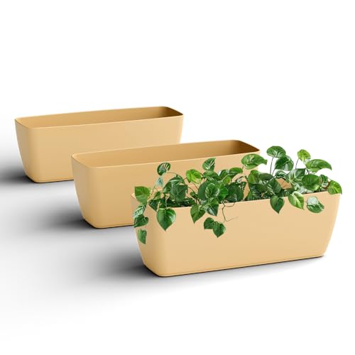 Image of YUCCABE ITALIA SHERA CABI Tray 16 INCH Plastic Flower Tray Pot Unbreakable Rectangular Planter Suitable for Home Garden Seedling Indoor and Outdoor (Beige, Pack of 3)