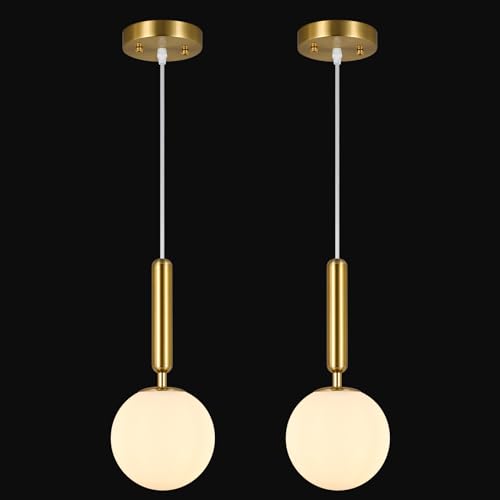 Image of Modern Hanging Light Fixture Pendant Lighting for Kitchen Island Mid Century Gold Pendant Lights with Globe Milky White Glass Pendant Light for Bedroom Bathroom Entryway (2 Pack)