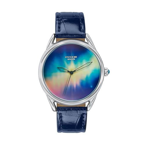 Image of Sonata Poze 8 Quartz Analog Northern Lights Inspired Watch for Unisex with Blue Luminous Dial & Dark Blue Leather Strap - SP70100SL03W