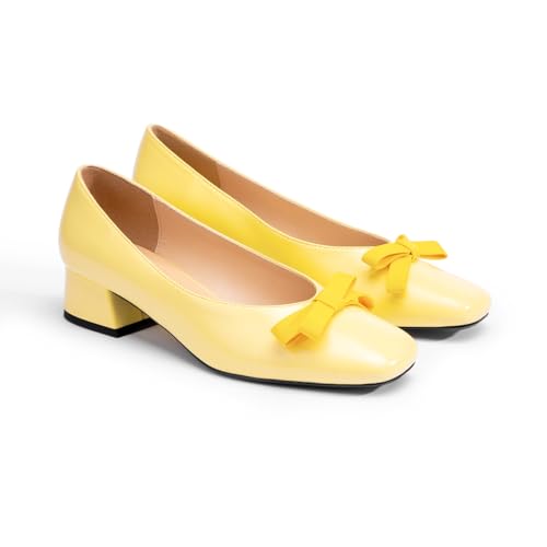Image of C.Paravano Women's Pumps | Luxury Leather Pumps | 1.5 Inch Chunky Block Heel & Square Toe | Fabric Bow