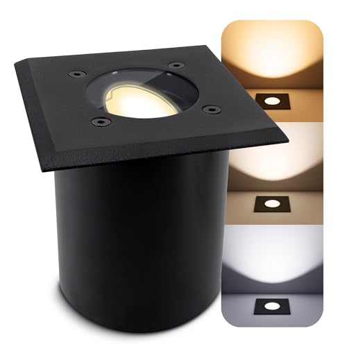 SSC-LUXon JUAVI Bodeneinbauleuchte aussen IP67 eckig - Bodenstrahler schwarz matt 230V befahrbar - inkl. GU10 LED Lampe 3W drei einstellbaren Lichtfarben 3CCT