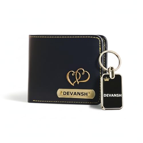 Image of Personalized Vegan Leather Wallet for Men with Name & Charm | Customised Wallets for Man Gift for Boyfriend Birthday | Free Metal Name Engraved Keychain - Blue