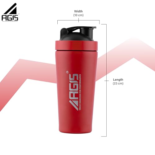 Image of AGIS Steel Shaker Stainless Steel 700ml Leakproof Shaker Bottle with Measurement Marking, Perfect for Fitness Enthusiast & Athletes, Ideal for Mixing Protein Shakes & Pre-Workout Formula (Red)
