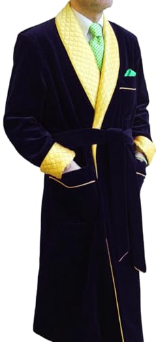Men Velvet Robe Smoking Jacket Navy Blue Long Relexed Eveving Dinner Smoking Jacket