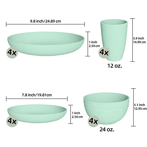 Kewoo Unbreakable Wheat Straw Dinnerware Sets Of 4, 16Pcs Reusable Dinnerware Set，Lightweight Microwave Dishwasher Safe,Plates, Cups, Bowls For R Party, Picnic, Camping, Dorm (Green) #TOP1