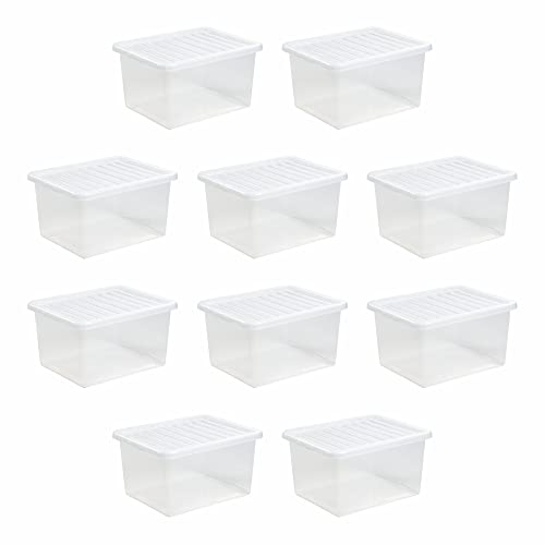 (Set of 10) 35L Litre Crystal Clear Transparent Plastic Large Storage Boxes With Lids Storage Containers Multipurpose Stackable Boxes For Living Room Bedroom Garage Office Home & Kitchen