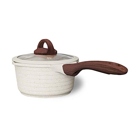 JEETEE 25 Quart Nonstick Saucepan Stone Coating Milk Pan with Silicone Rim Lid and Bakelite Handle Milk Saucepan Suitable For All Stove Induction Compatible Beige