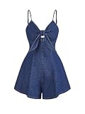 OYOANGLE Women's Vintage Bowknot Spaghetti Strap Denim Romper Sleeveless Wide Leg Jean Short Jumpsuits Medium Wash Medium