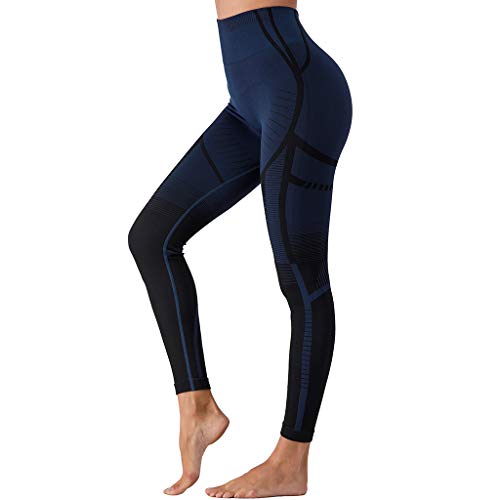 Leoyee Femmes Taille haute sans couture Yoga Pantalons Color Blocking Workout Running Leggings Collants,L,Mélange Bleu Mer Cover