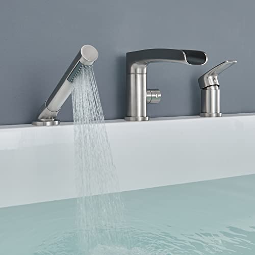 Robinet de baignoire romaine cascade avec douchette à main nickel - 7