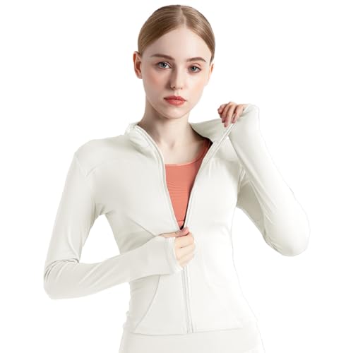 BenBoy Camiseta Deportiva Mujer Transpirable Chaqueta Running de Manga Ligero Corriendo Tops con Cremallera Fitness Yoga Ropa con Agujeros para los Pulgares SYMTWT03-White1-L