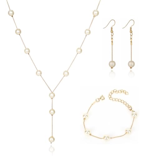 BKEPDY Conjunto Joyas Perlas Elegante Collar Largo Pendientes Pulsera Adorno Mujer Estilo Clásico Complemento Nupcial