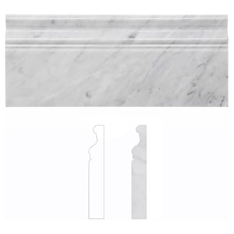 Diflart Carrara White Marble Baseboard Molding Trim, Bianco Italian Carrera Skirting Base Moulding for Bathroom Wall and Kitchen Backsplash (White Carrara Honed, 5 x 12 inch Round) Cover