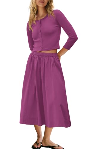 Image of Panadila Womens 2 Piece Lounge Sets Matching Vacation Outfits Ribbed Button Down Cardigan and Elastic Waist Skirt Sets