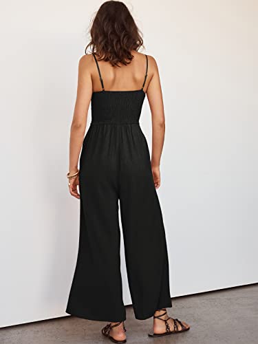 Anrabess Women's Summer Spaghetti Straps V Neck Cutout Smocked High Waist Wide Leg Jumpsuits Rompers With Pockets 501Hei-L #TOP5