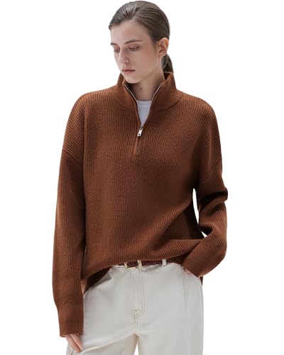 Image of SUUKSESS Women Cashmere Blend Oversized Quarter Zip Pullover Sweater Long Sleeve Collared Ribbed Knit Jumper Tops