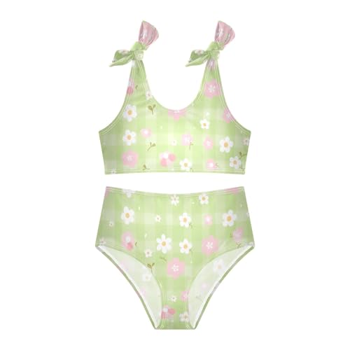 KLL Pink White Check Cute Girls' 2 Piece Bikini Sets Scoop Neck Swimming Swimsuit Bathing Suit3