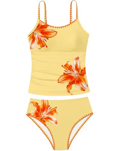 Image of Girls Swimsuit Solid Color Tankini Contrast Trim Swimwear 2 Piece Bathing Suit Padded Swimsuits for Teens 9-16Y