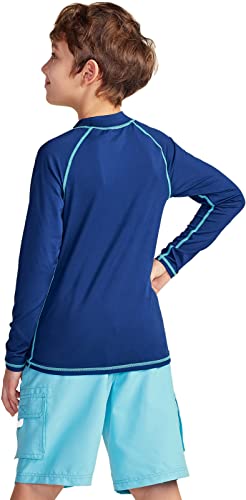 Tsla Boys Upf 50+ Rash Guard Long Sleeve, Uv Sun Proctection Water Swim Shirts, Surf Swimwear Swimsuit Top, Wave Circle Navy & Aqua, 14 #TOP2
