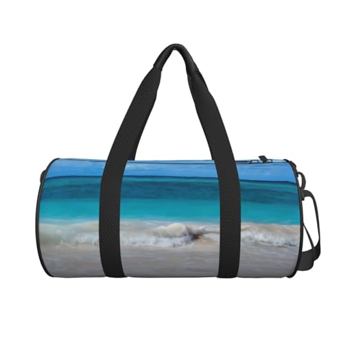 Tropical Beach Scene Turquoise Water Duffle Bag, High Capacity Round Sports Luggage Bag With Interior Organizer & Side Storage Pockets2