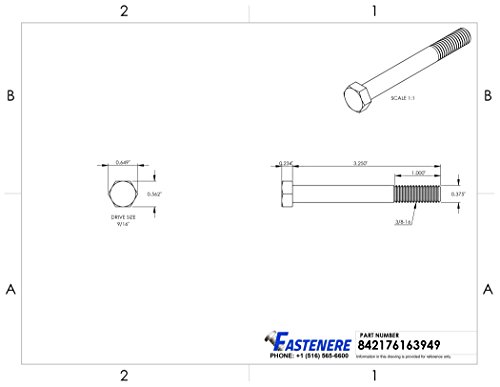Image of 3 /8-16 x 3-1 /4 inch Hex Head Cap Screw Bolts, External Hex Drive, Stainless Steel 304, Partially Threaded, Stainless Steel, Quantity 10