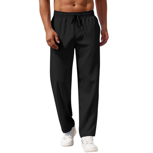 Mens Linen Pants Relaxed Fit Elastic Waist Pants Summer Boho Lightweight Linen Trousers with Pockets Yoga Pants