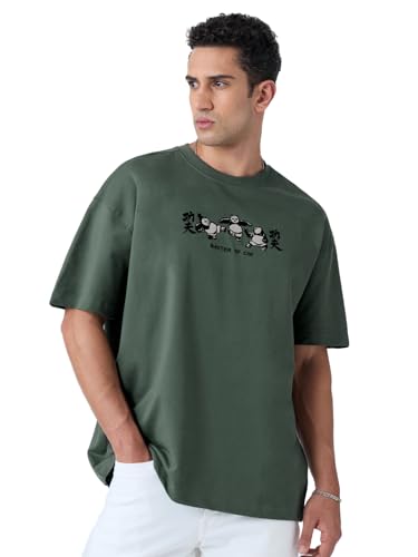 Image of The Souled Store Official Kung Fu Panda: Master Men and Boys Short Sleeves Round Neck Green Embroidered Cotton Oversized T-Shirts