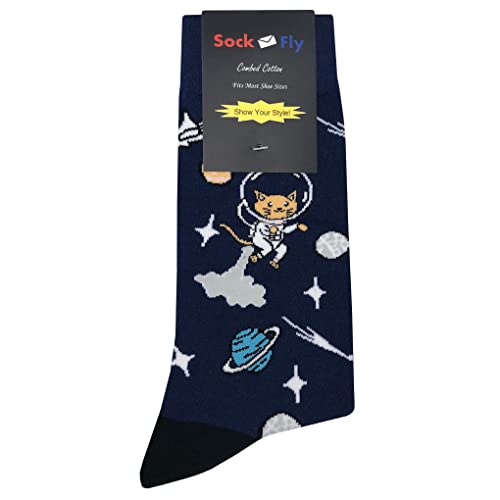 Space Cat Dress Socks Funny Novelty Crazy Fun Design Men Size 8-12 Cotton Casual Crew Colorful Funky Fancy Socks Gift for Men4