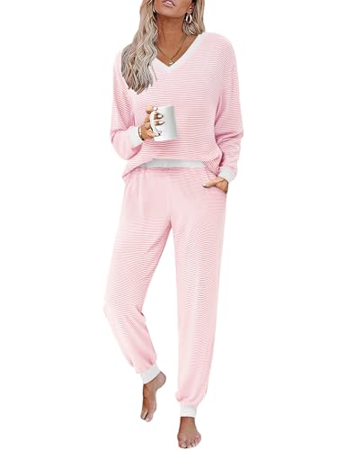 JUSTFASHIONNOW Women's Pajama Sets 2 Piece Striped Lounge Sets Long Sleeve Top and Pants Soft Sleepwear Pjs 2025 Fall Outfits