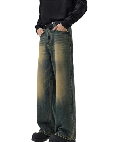 Men Vintage Distressed Denim Pants Loose Fit Straight Baggy Trousers Korean Fashion Streetwear