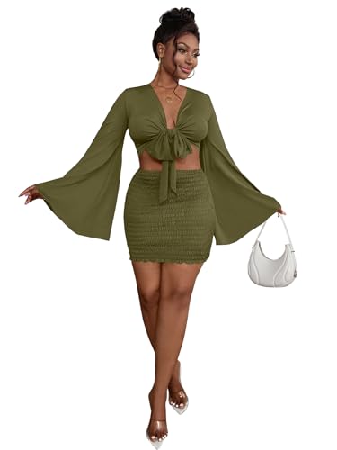 Image of LYANER Women 2 Piece Vacation Outfits Tie Knot Front Bell Long Sleeve Crop Top and Mini Skirt Summer Set