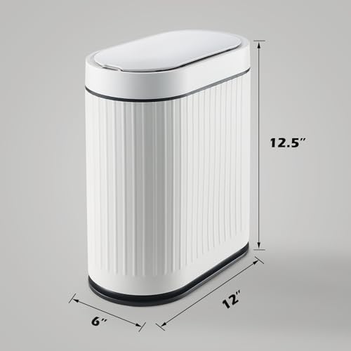 ELPHECO Bathroom Trash Can with Lid 2 Gallon Motion Sensor Garbage Can 7.5 Liter Small Trash can Touchless Bathroom Decor Waterproof Smart Waste Bin with Stripes for Bedroom, Office (White-Black)