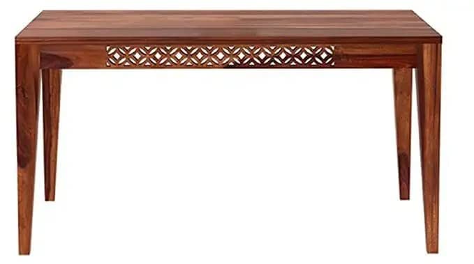Image of Sheesham Wood 6 Seater Dining Table Set for Home Hall || Solid Wood CNC Dining Table with 4 Chairs and Bench for Hotels || Dining Room Sets (Honey Finish)