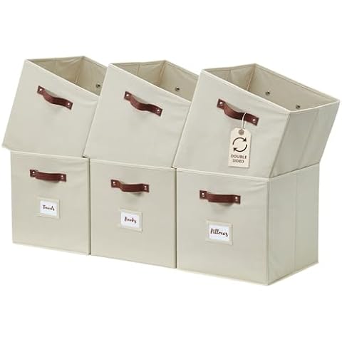 DECOMOMO Storage Bins | Cube Storage Bin with Label Holders, Fabric Storage Cubes for Organizing Shelves Closet Toy Clothes (10.5" x 11" / 6pcs, Beige) Cover