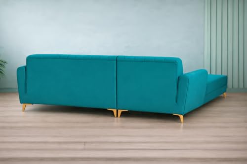 Image of Adorn India Premium Luster 8 Seater L Shape Sofa Set with 2 Puffy & 1 Center Table | Velvet Suede Fabric | 3-Year Warranty | LHS | Aqua Blue with Golden Legs & Striped Pattern Cushion