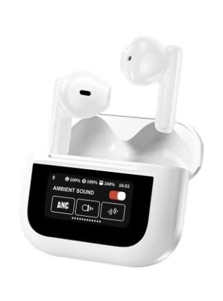 awalor Gadgets Theka Earbuds 2 Pro Plus: Wireless Bluetooth Earbuds with Touch Display, ANC, and Call Control - Noise Cancellation, C-Type Charging Case Included (White)